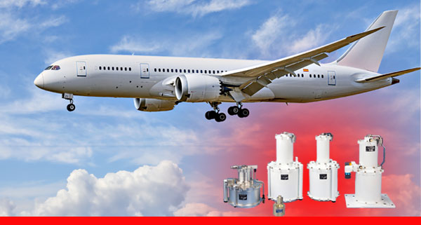 A Boeing 787 flying through the sky with an overlay photo of part of the liquid cooling system installed on it