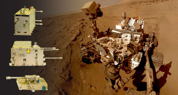 A Mars Rover on Mars with an overlay image of some of the liquid cooling installed on it's systems